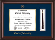 Image of Clarion University of Pennsylvania Diploma Frame - Mahogany Lacquer - w/Embossed Seal & Name - Tassel Holder - Navy on Gold mat