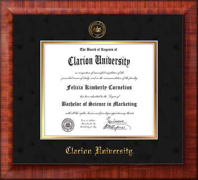 Image of Clarion University of Pennsylvania Diploma Frame - Mezzo Gloss - w/Embossed Seal & Name - Black Suede on Gold mat