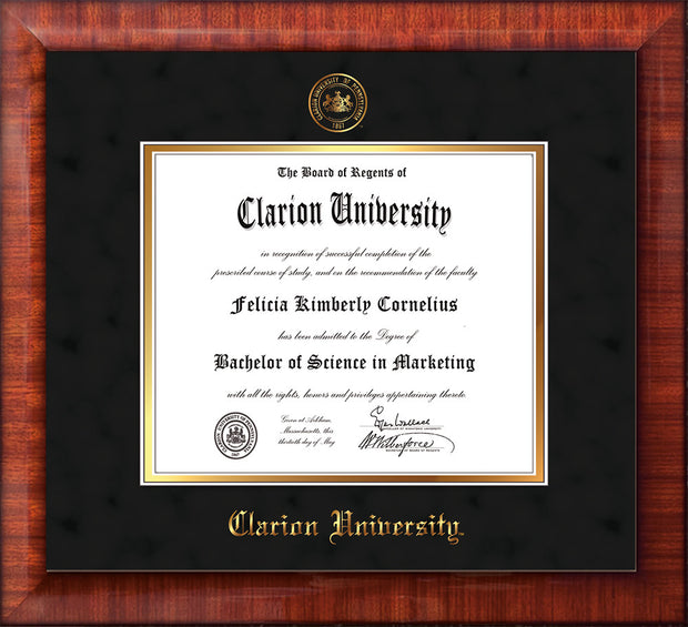 Image of Clarion University of Pennsylvania Diploma Frame - Mezzo Gloss - w/Embossed Seal & Name - Black Suede on Gold mat