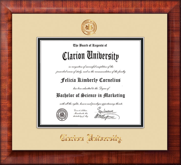 Image of Clarion University of Pennsylvania Diploma Frame - Mezzo Gloss - w/Embossed Seal & Name - Cream on Black mat