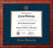 Image of Clarion University of Pennsylvania Diploma Frame - Mezzo Gloss - w/Embossed Seal & Name - Navy Suede on Gold mat