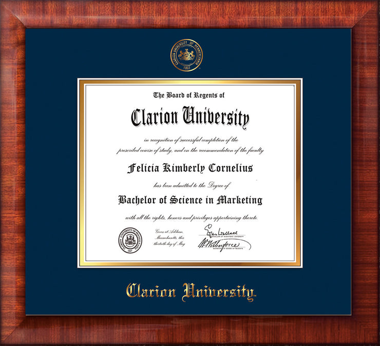 Image of Clarion University of Pennsylvania Diploma Frame - Mezzo Gloss - w/Embossed Seal & Name - Navy on Gold mat