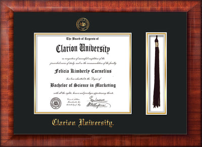 Image of Clarion University of Pennsylvania Diploma Frame - Mezzo Gloss - w/Embossed Seal & Name - Tassel Holder - Black on Gold mat
