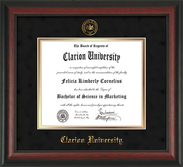 Image of Clarion University of Pennsylvania Diploma Frame - Rosewood - w/Embossed Seal & Name - Black Suede on Gold mat