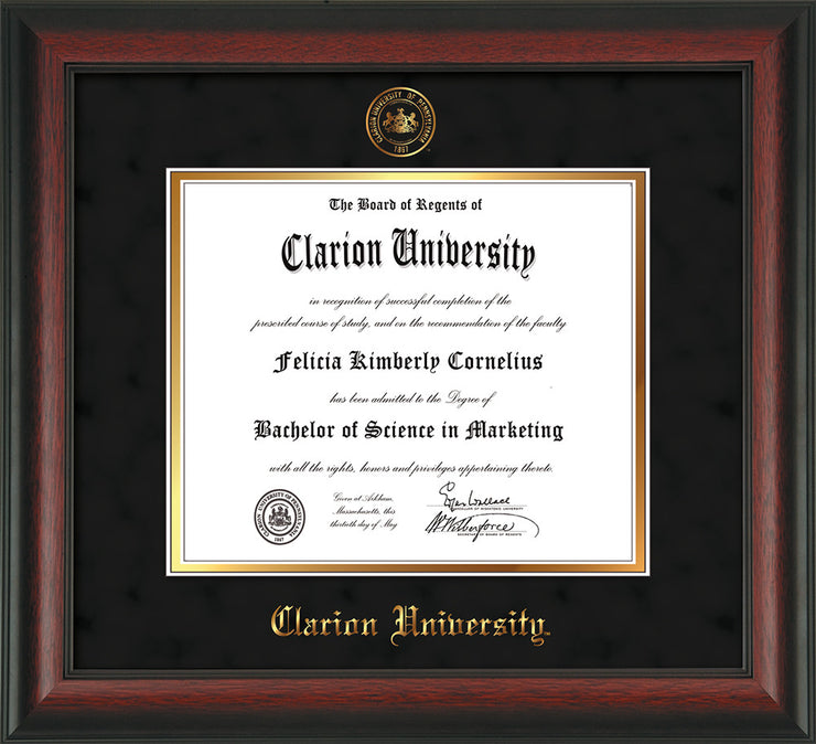 Image of Clarion University of Pennsylvania Diploma Frame - Rosewood - w/Embossed Seal & Name - Black Suede on Gold mat