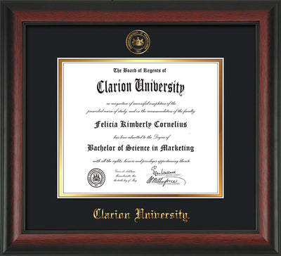 Image of Clarion University of Pennsylvania Diploma Frame - Rosewood - w/Embossed Seal & Name - Black on Gold mat