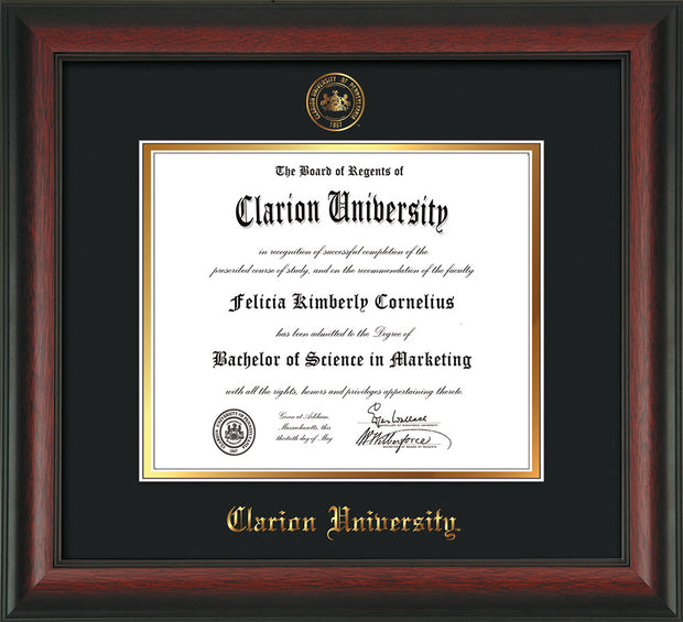 Image of Clarion University of Pennsylvania Diploma Frame - Rosewood - w/Embossed Seal & Name - Black on Gold mat