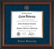 Image of Clarion University of Pennsylvania Diploma Frame - Rosewood - w/Embossed Seal & Name - Navy Suede on Gold mat
