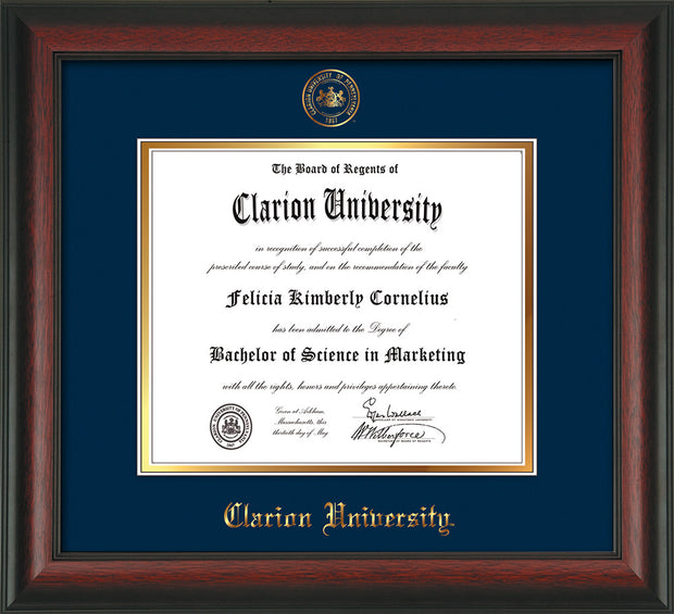 Image of Clarion University of Pennsylvania Diploma Frame - Rosewood - w/Embossed Seal & Name - Navy on Gold mat