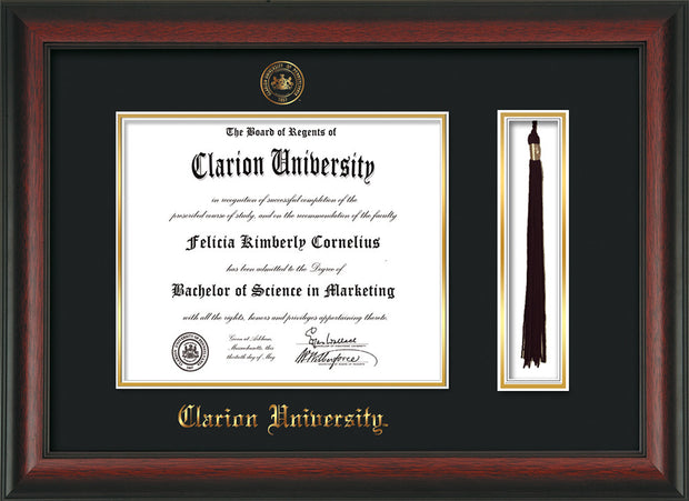 Image of Clarion University of Pennsylvania Diploma Frame - Rosewood - w/Embossed Seal & Name - Tassel Holder - Black on Gold mat