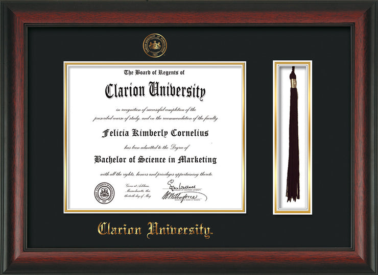 Image of Clarion University of Pennsylvania Diploma Frame - Rosewood - w/Embossed Seal & Name - Tassel Holder - Black on Gold mat