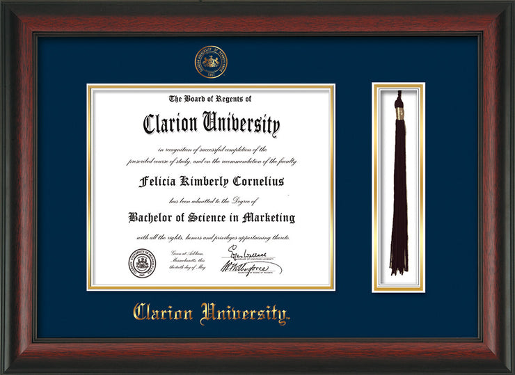 Image of Clarion University of Pennsylvania Diploma Frame - Rosewood - w/Embossed Seal & Name - Tassel Holder - Navy on Gold mat