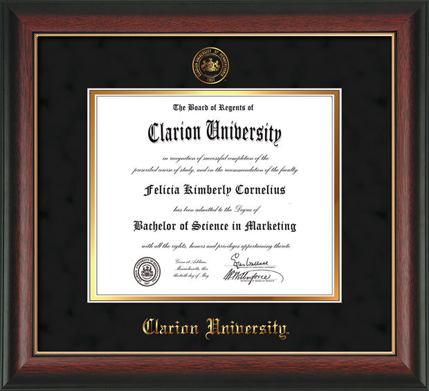 Image of Clarion University of Pennsylvania Diploma Frame - Rosewood w/Gold Lip - w/Embossed Seal & Name - Black Suede on Gold mat