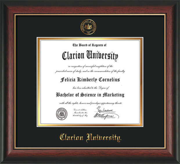 Image of Clarion University of Pennsylvania Diploma Frame - Rosewood w/Gold Lip - w/Embossed Seal & Name - Black on Gold mat