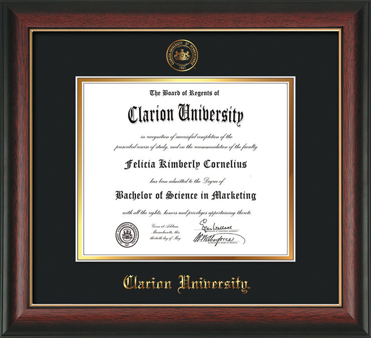 Image of Clarion University of Pennsylvania Diploma Frame - Rosewood w/Gold Lip - w/Embossed Seal & Name - Black on Gold mat