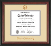 Image of Clarion University of Pennsylvania Diploma Frame - Rosewood w/Gold Lip - w/Embossed Seal & Name - Cream on Black mat