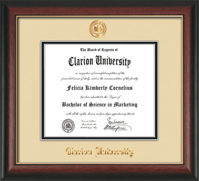 Image of Clarion University of Pennsylvania Diploma Frame - Rosewood w/Gold Lip - w/Embossed Seal & Name - Cream on Black mat