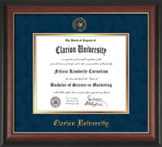 Image of Clarion University of Pennsylvania Diploma Frame - Rosewood w/Gold Lip - w/Embossed Seal & Name - Navy Suede on Gold mat