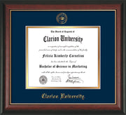 Image of Clarion University of Pennsylvania Diploma Frame - Rosewood w/Gold Lip - w/Embossed Seal & Name - Navy on Gold mat