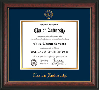 Image of Clarion University of Pennsylvania Diploma Frame - Rosewood w/Gold Lip - w/Embossed Seal & Name - Navy on Gold mat