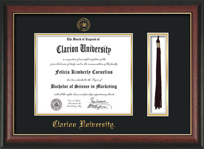 Image of Clarion University of Pennsylvania Diploma Frame - Rosewood w/Gold Lip - w/Embossed Seal & Name - Tassel Holder - Black on Gold mat