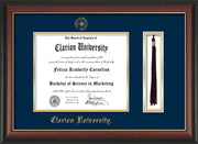 Image of Clarion University of Pennsylvania Diploma Frame - Rosewood w/Gold Lip - w/Embossed Seal & Name - Tassel Holder - Navy on Gold mat