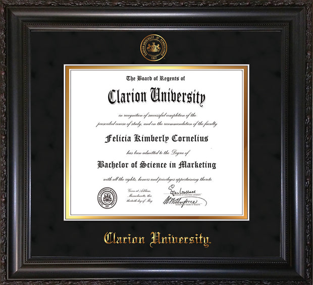 Clarion University of Pennsylvania Diploma Frame - Vintage Black Scoop - w/Embossed Seal & Name - Black Suede on Gold mat