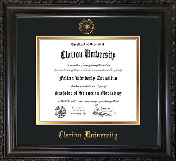 Image of Clarion University of Pennsylvania Diploma Frame - Vintage Black Scoop - w/Embossed Seal & Name - Black on Gold mat