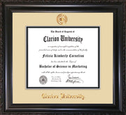 Image of Clarion University of Pennsylvania Diploma Frame - Vintage Black Scoop - w/Embossed Seal & Name - Cream on Black mat