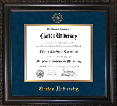 Image of Clarion University of Pennsylvania Diploma Frame - Vintage Black Scoop - w/Embossed Seal & Name - Navy Suede on Gold mat