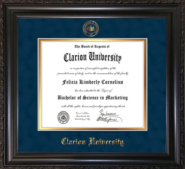 Image of Clarion University of Pennsylvania Diploma Frame - Vintage Black Scoop - w/Embossed Seal & Name - Navy Suede on Gold mat