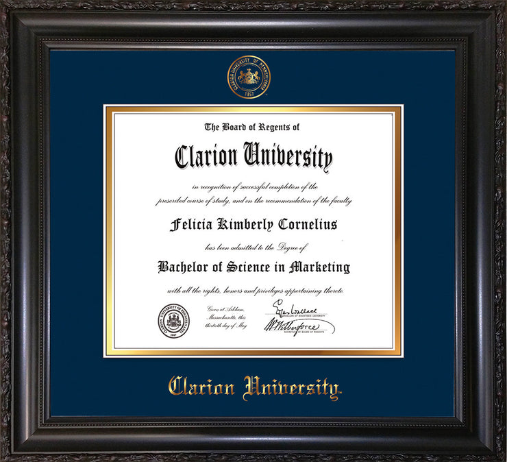 Image of Clarion University of Pennsylvania Diploma Frame - Vintage Black Scoop - w/Embossed Seal & Name - Navy on Gold mat