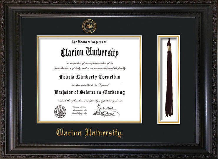 Image of Clarion University of Pennsylvania Diploma Frame - Vintage Black Scoop - w/Embossed Seal & Name - Tassel Holder - Black on Gold mat