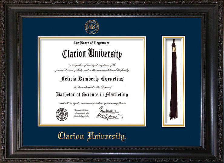 Image of Clarion University of Pennsylvania Diploma Frame - Vintage Black Scoop - w/Embossed Seal & Name - Tassel Holder - Navy on Gold mat