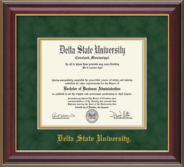 Image of Delta State University Diploma Frame - Cherry Lacquer - w/School Name Only - Green Suede on Gold mats