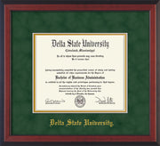 Image of Delta State University Diploma Frame - Cherry Reverse - w/School Name Only - Green Suede on Gold mats