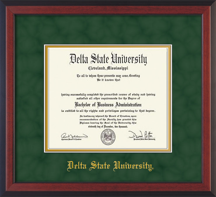 Image of Delta State University Diploma Frame - Cherry Reverse - w/School Name Only - Green Suede on Gold mats