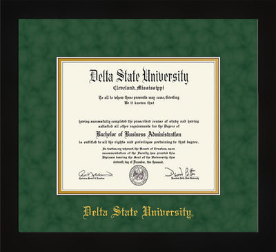 Image of Delta State University Diploma Frame - Flat Matte Black - w/School Name Only - Green Suede on Gold mats