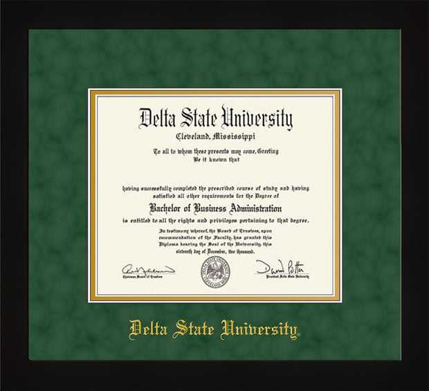 Image of Delta State University Diploma Frame - Flat Matte Black - w/School Name Only - Green Suede on Gold mats