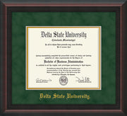 Image of Delta State University Diploma Frame - Mahogany Braid - w/School Name Only - Green Suede on Gold mats