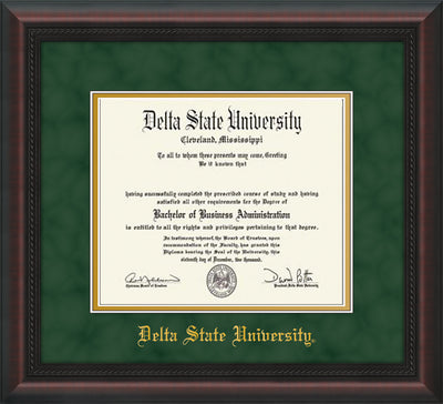Image of Delta State University Diploma Frame - Mahogany Braid - w/School Name Only - Green Suede on Gold mats