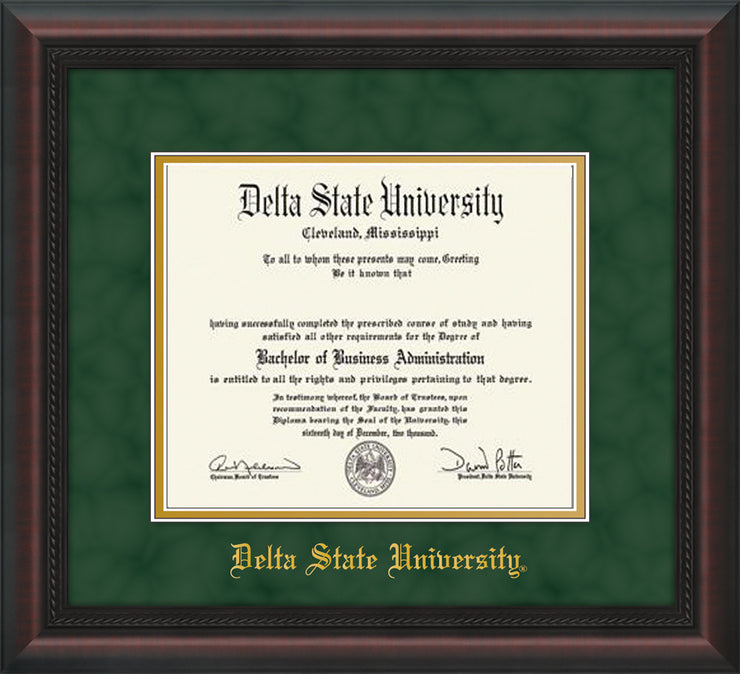 Image of Delta State University Diploma Frame - Mahogany Braid - w/School Name Only - Green Suede on Gold mats
