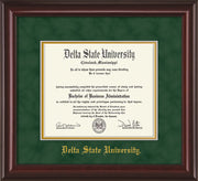 Image of Delta State University Diploma Frame - Mahogany Lacquer - w/School Name Only - Green Suede on Gold mats