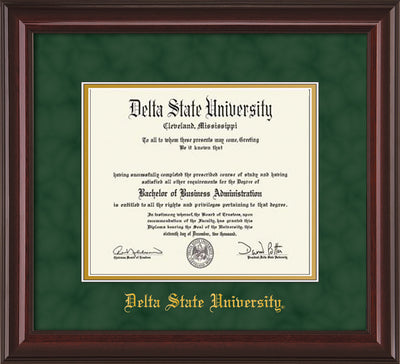 Image of Delta State University Diploma Frame - Mahogany Lacquer - w/School Name Only - Green Suede on Gold mats