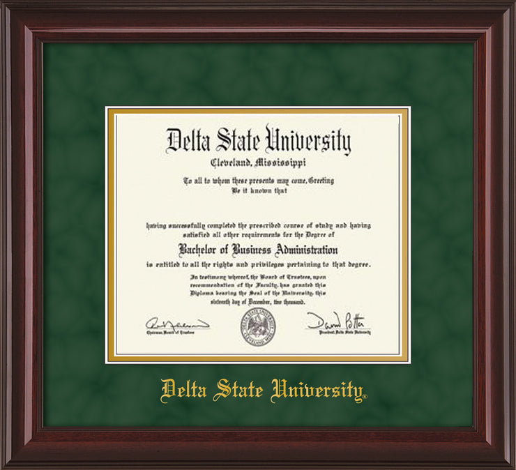 Image of Delta State University Diploma Frame - Mahogany Lacquer - w/School Name Only - Green Suede on Gold mats
