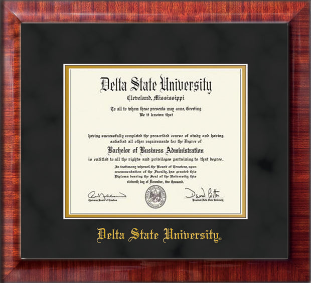 Image of Delta State University Diploma Frame - Mezzo Gloss - w/School Name Only - Black Suede on Gold mats