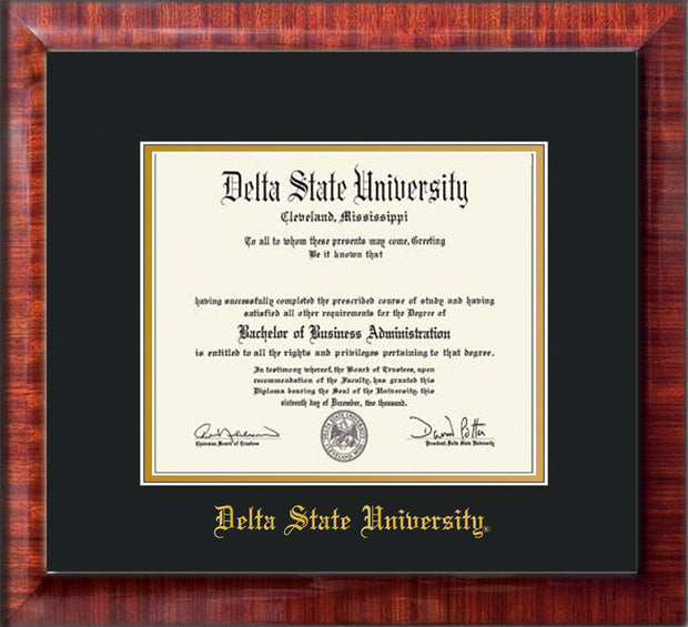 Image of Delta State University Diploma Frame - Mezzo Gloss - w/School Name Only - Black on Gold mats