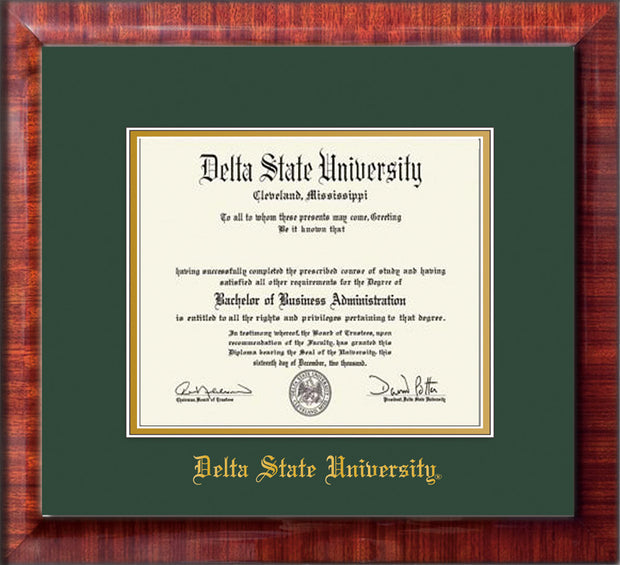 Image of Delta State University Diploma Frame - Mezzo Gloss - w/School Name Only - Green on Gold mats