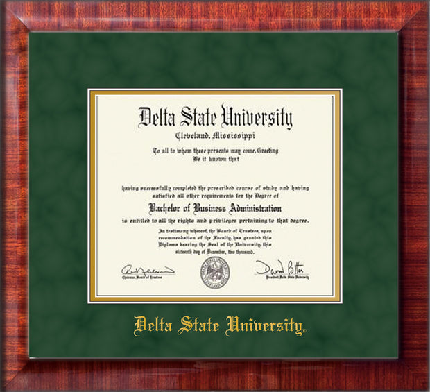 Image of Delta State University Diploma Frame - Mezzo Gloss - w/School Name Only - Green Suede on Gold mats