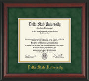 Image of Delta State University Diploma Frame - Rosewood - w/School Name Only - Green Suede on Gold mats